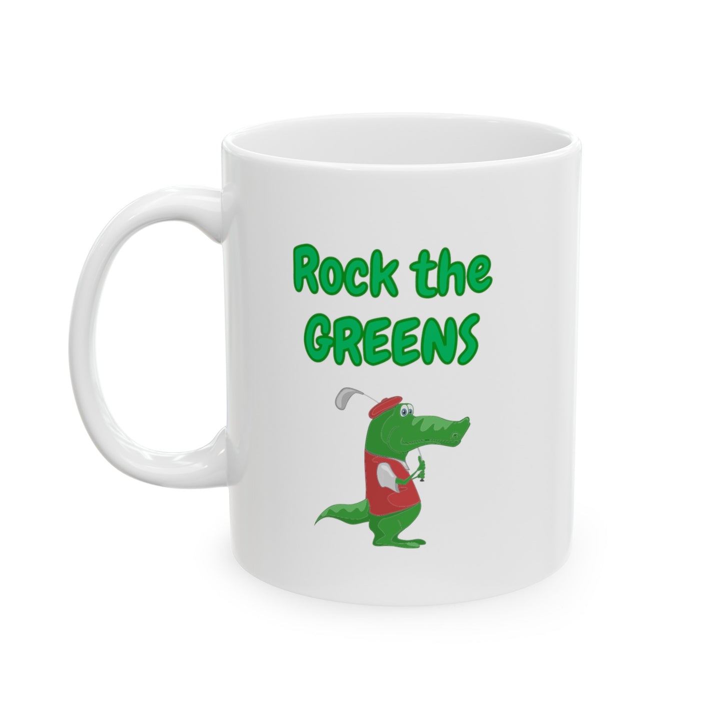 Rock The Greens Golf Themed White Ceramic Mug, 11oz with the Image of Crocodile