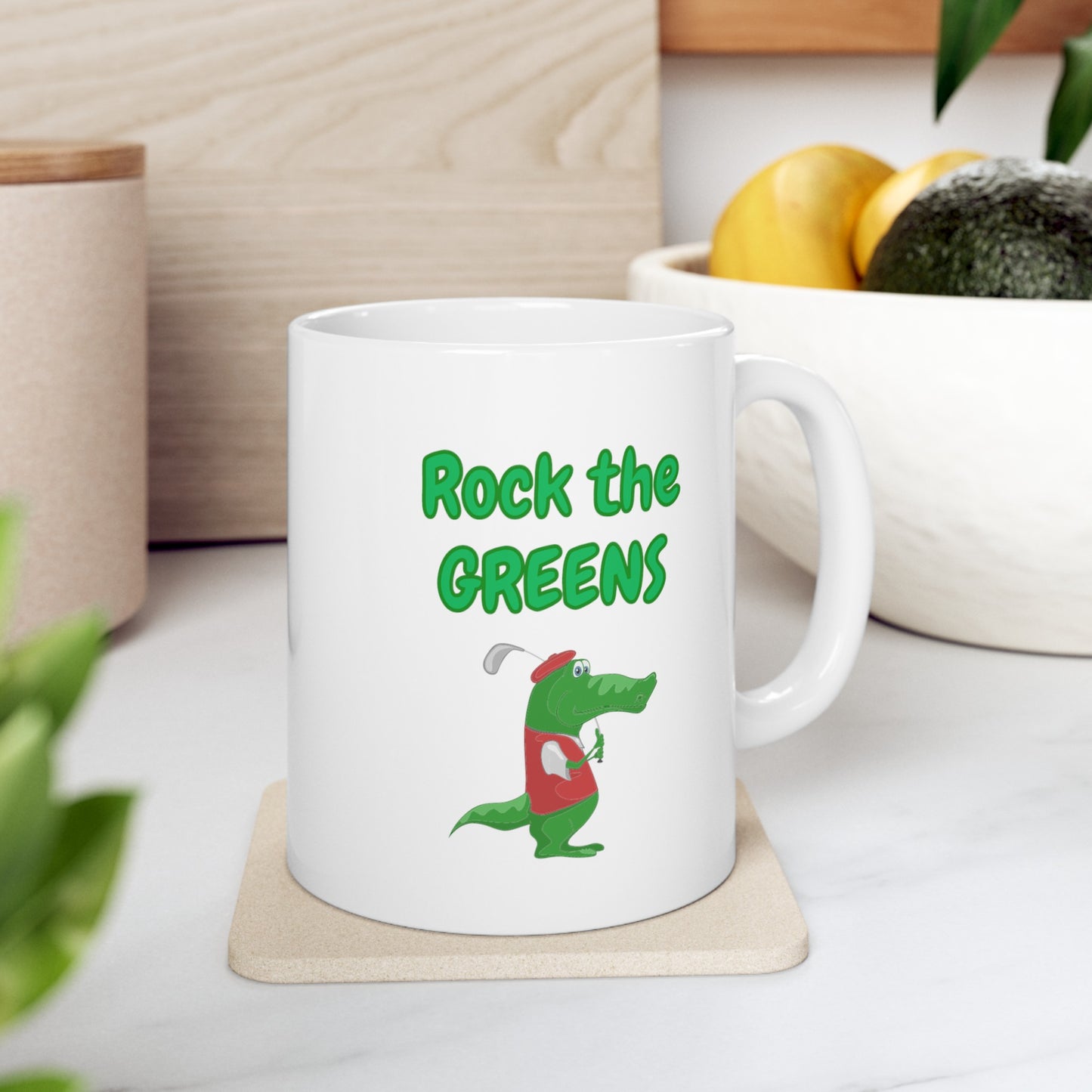 Rock The Greens Golf Themed White Ceramic Mug, 11oz with the Image of Crocodile