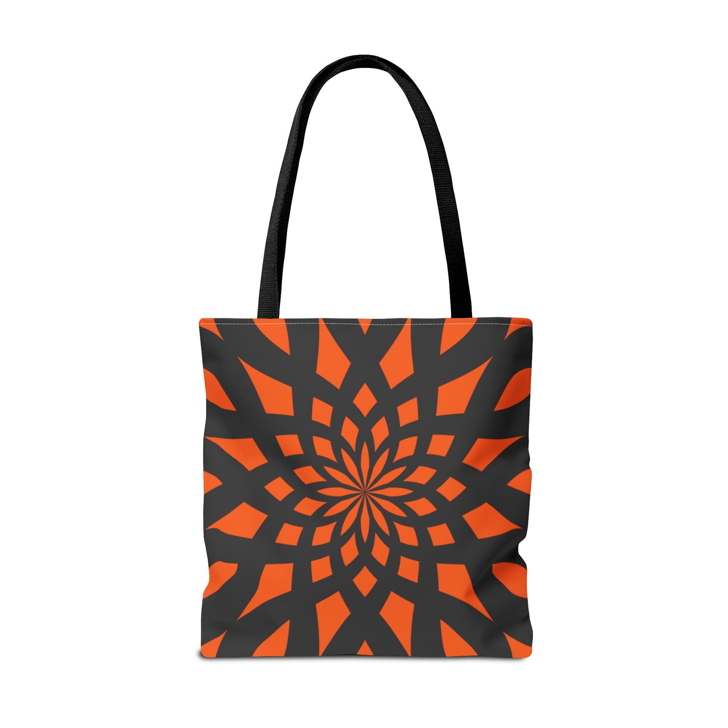 Orange tote bag with the print of mandala like pattern in black. Made with 100% polyester. It is highly durable and perfect for everyday use. A bag is non-woven laminate inside, cotton handles, and are available in 3 sizes, 1x large storage compartment.