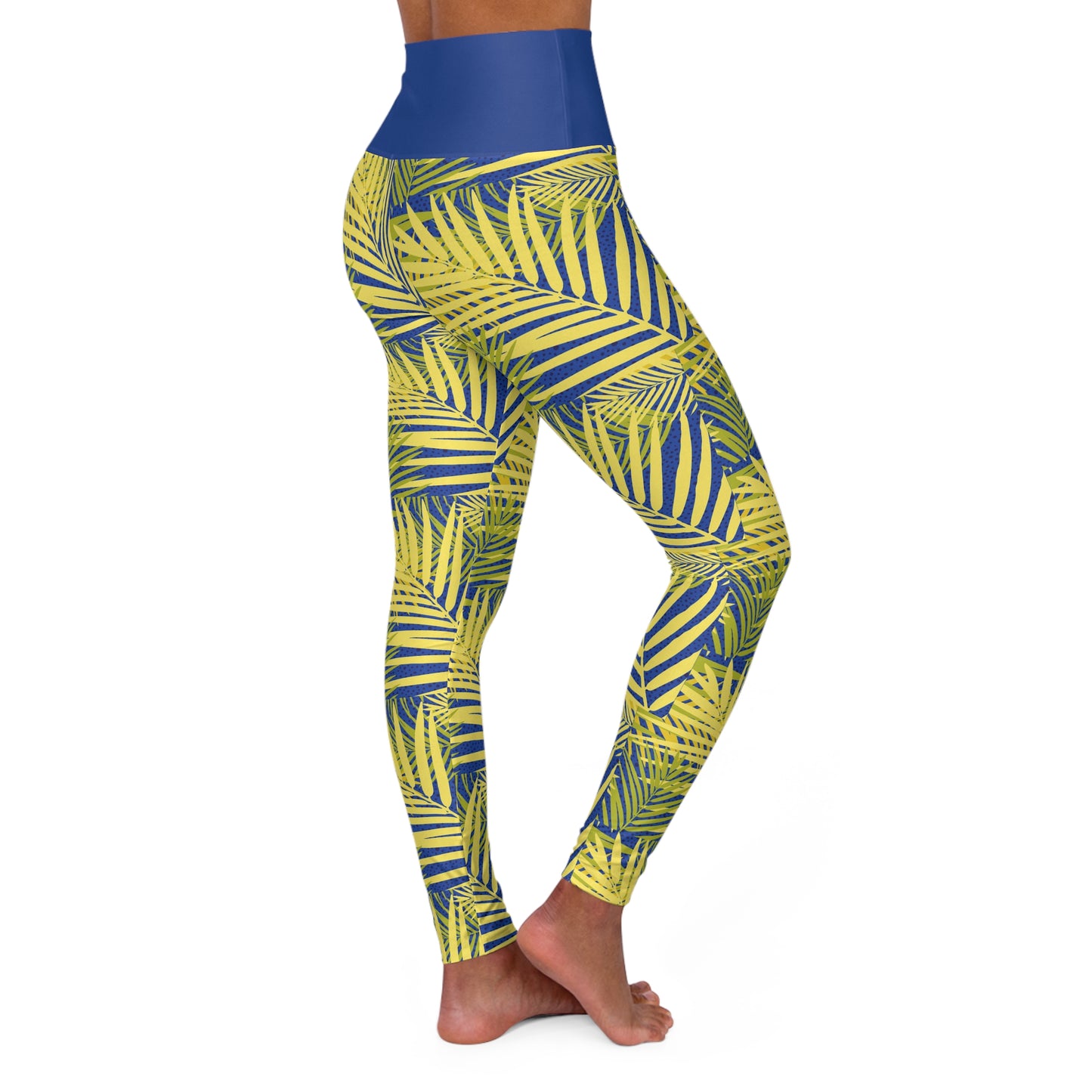 High Waisted Yoga Leggings Blue Leaf patterned