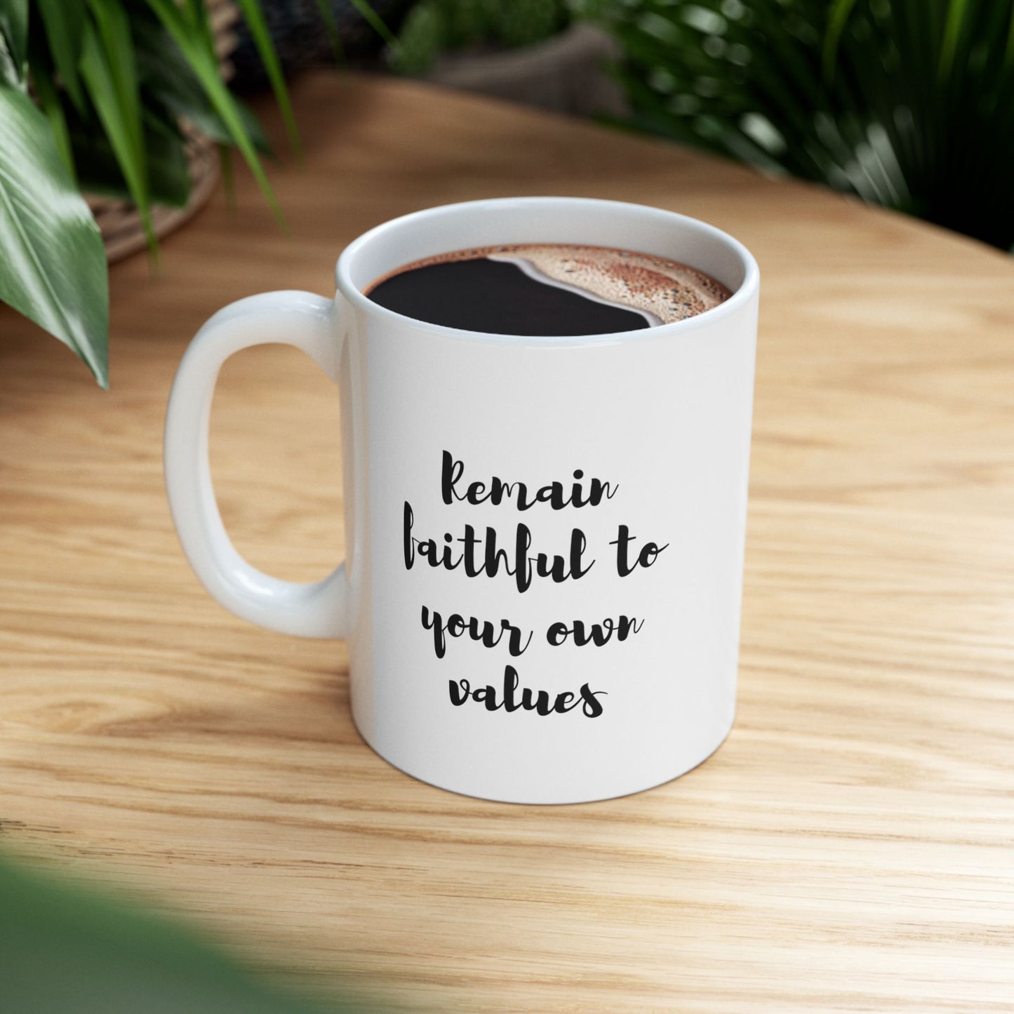 Celebrate your individuality with the “Remain Faithful to Your Own Values” Ceramic Mug. This 11 oz mug is a tribute to personal authenticity, adorned with a powerful message that encourages you to stay true to what you believe in. This mug is a steadfast companion in your journey of self-assertion. Let it be a symbol of your unwavering commitment to your values with every comforting sip.