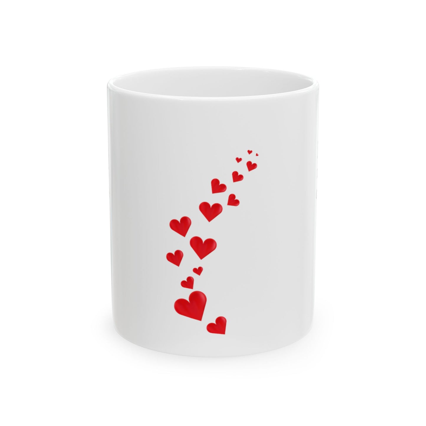 White ceramic mug with red hearts in the middle and the text on the both sides of the mug: Don't Worry About What Others Think, Follow Your Heart.