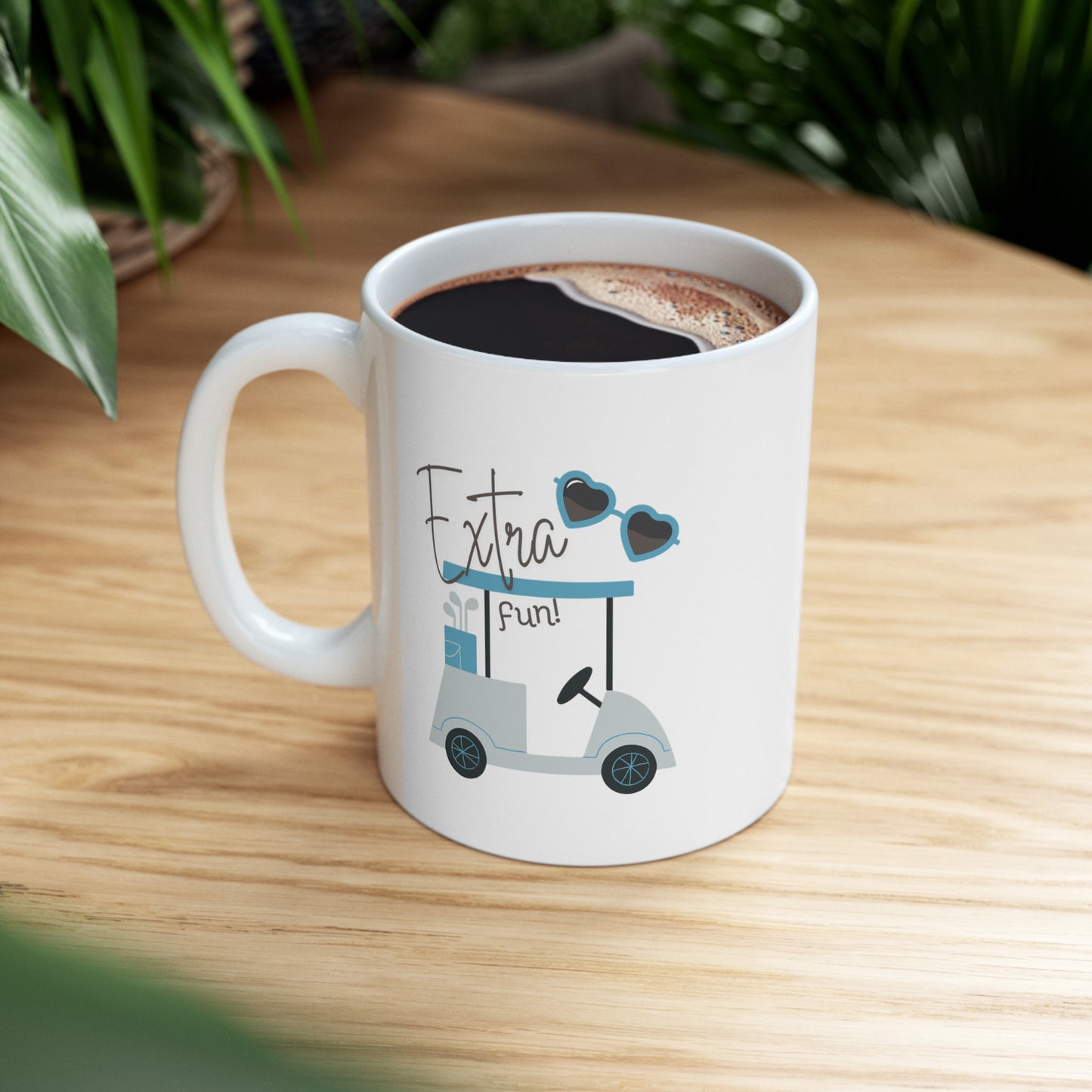 Extra Fun Golf themed White Ceramic Mug, 11oz with Light Blue Golf Cart.