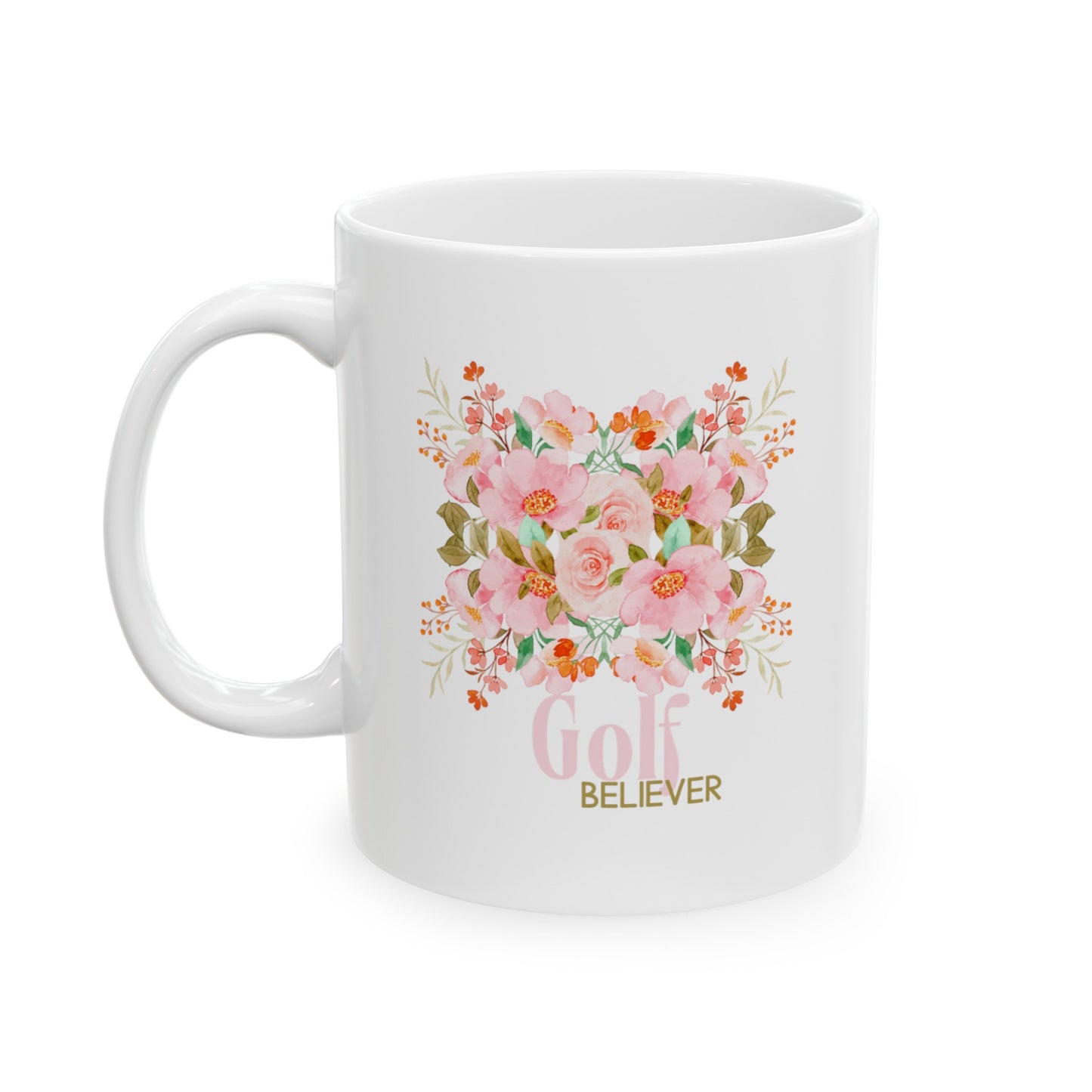 Favorite ceramic coffee mug. The “Golf Believer” design features a blend of golf enthusiasm and blooming flowers, making it a unique choice for golf lovers.