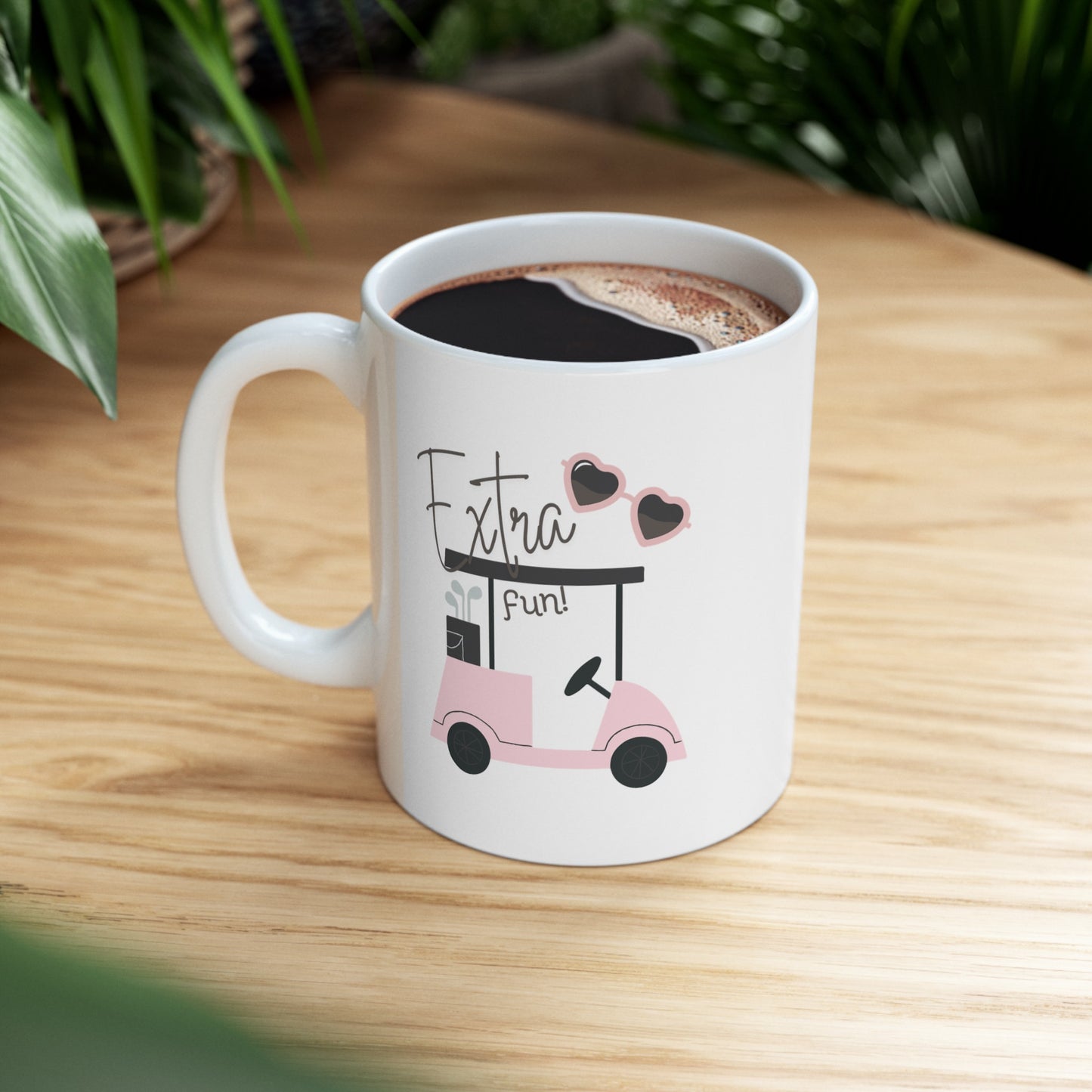 Extra Fun Golf themed White Ceramic Mug, 11 oz with The Image of Pink Golf Cart
