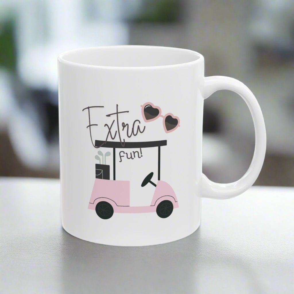 Extra Fun Golf themed White Ceramic Mug, 11 oz with The Image of Pink Golf Cart