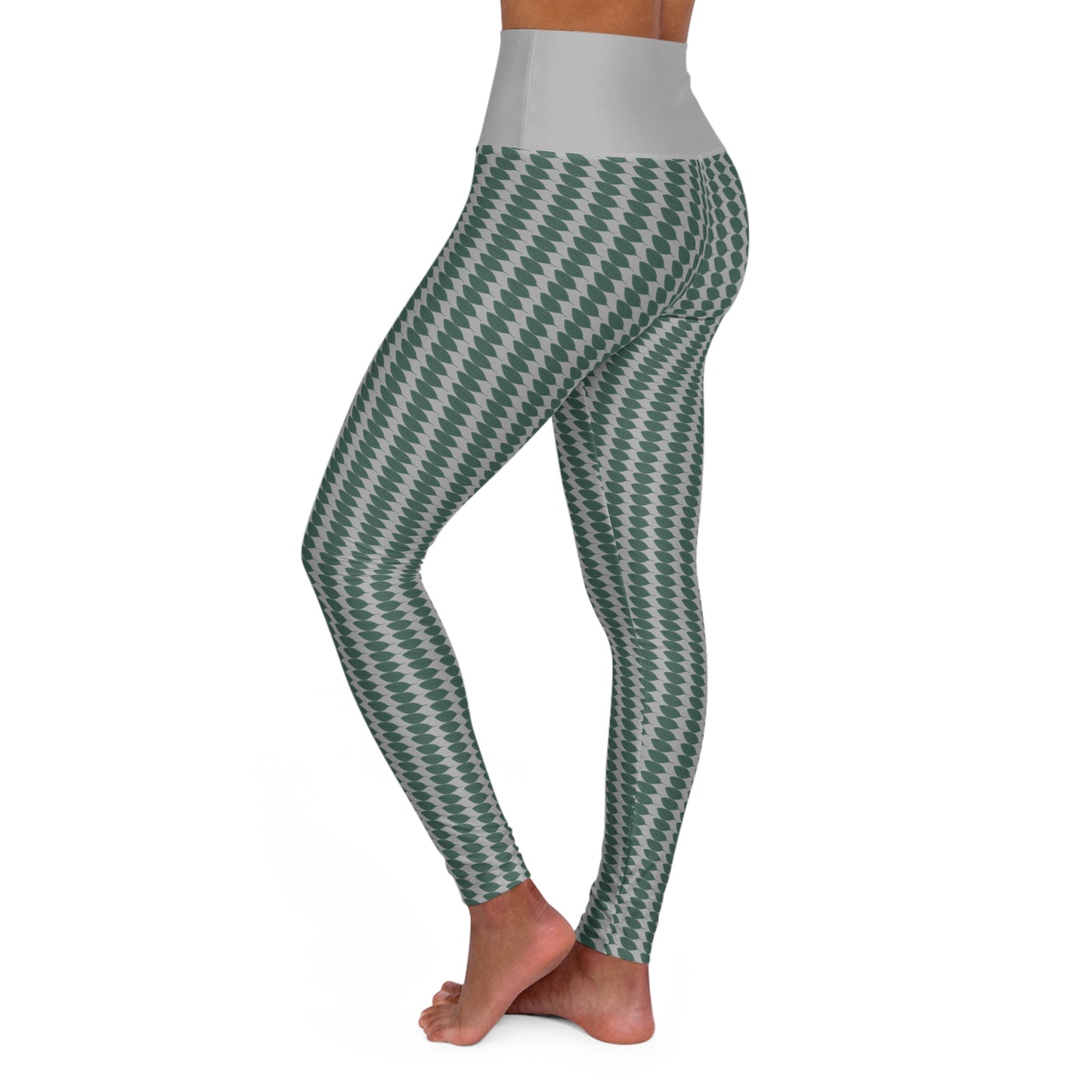 High Waisted Yoga Leggings Light Grey - Green Leaf Patterned
