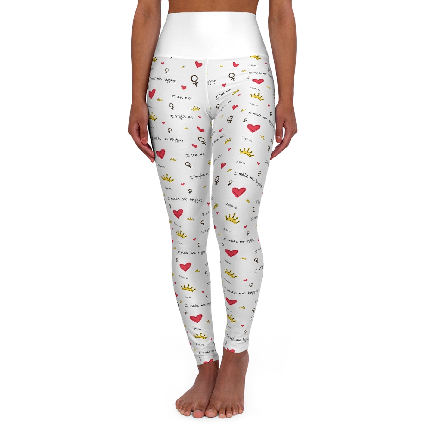 High Waisted Yoga Leggings White I love me patterned