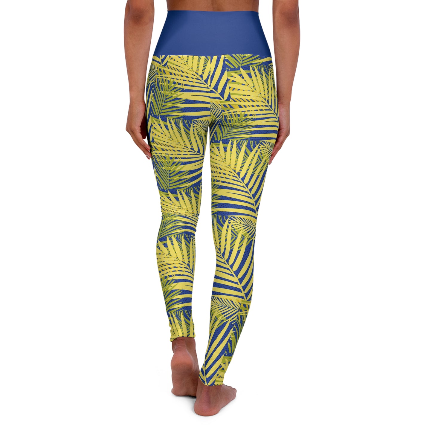 High Waisted Yoga Leggings Blue Leaf patterned