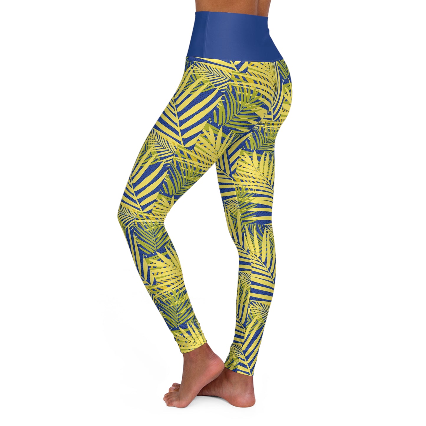 High Waisted Yoga Leggings Blue Leaf patterned