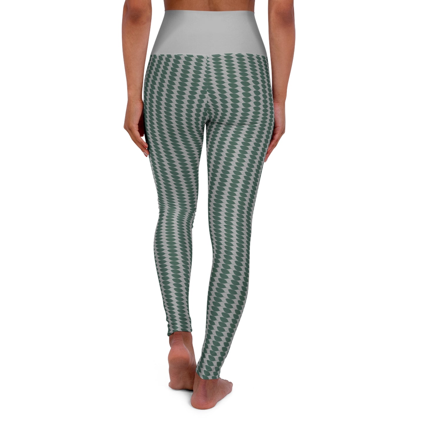 High Waisted Yoga Leggings Light Grey - Green Leaf Patterned
