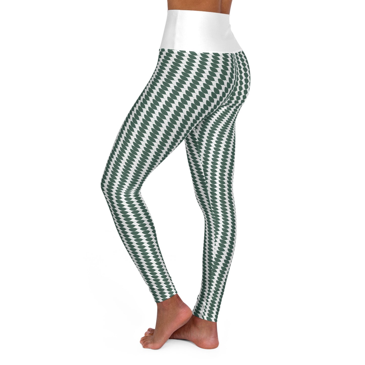 High Waisted Yoga Leggings White - Green Leaf Patterned