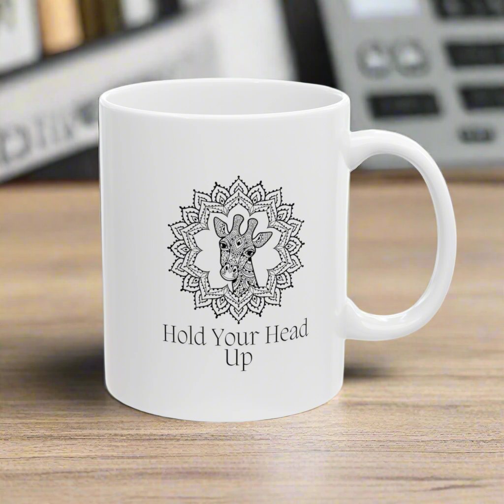 The majestic giraffe, adorned with intricate mandala patterns, gazes out from both sides of the mug.