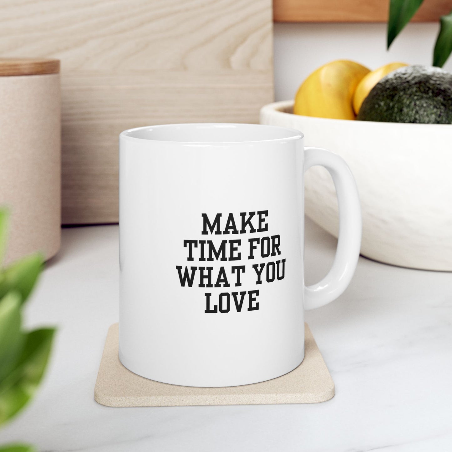 Embrace your passions with the “Make Time for What You Love” Ceramic Mug. This 11 oz mug is a charming reminder to prioritize the things that bring you joy.