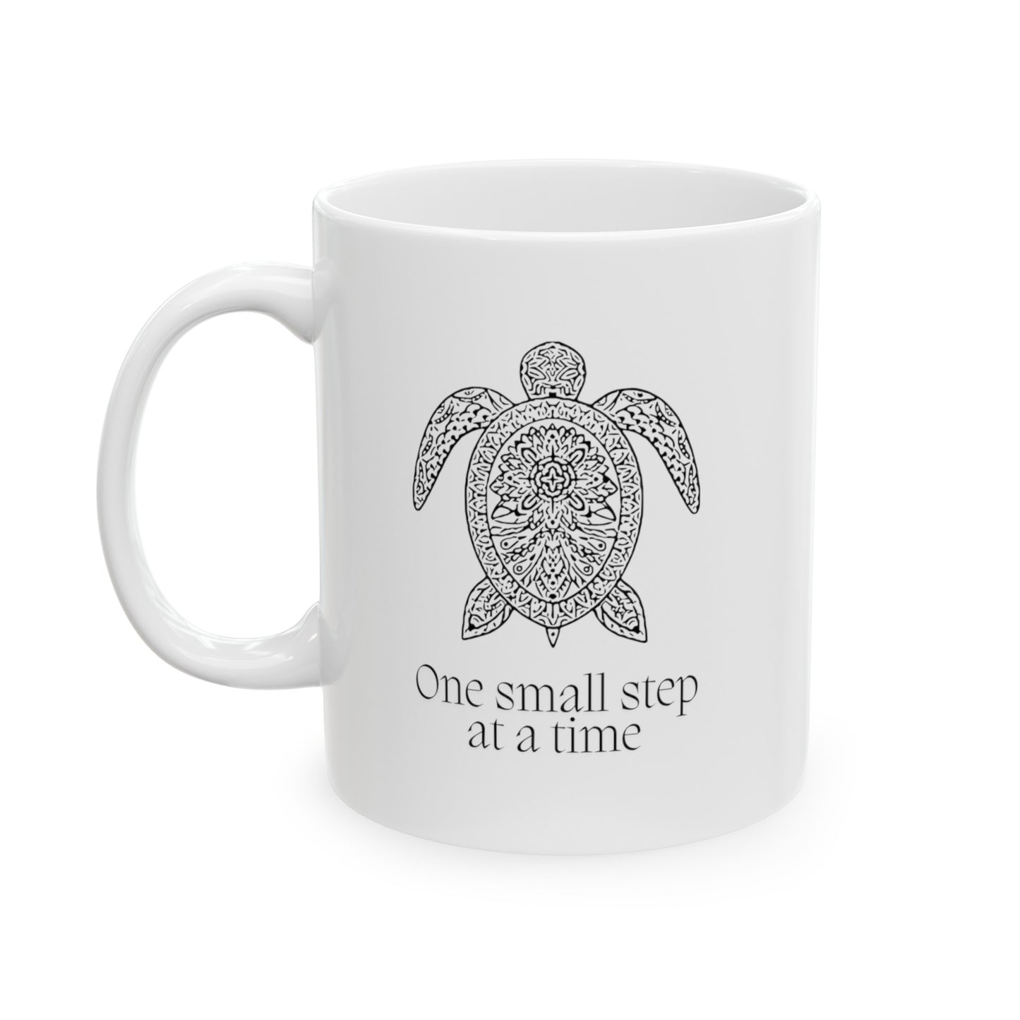 Embrace the journey with this motivational 11-ounce ceramic mug. The mandala pattern wraps around the mug, and a serene turtle image graces both sides. Made from premium quality white ceramic, it’s microwave and dishwasher-safe. Whether you’re sipping coffee, tea, or hot cocoa, let this mug remind you that progress happens one step at a time.