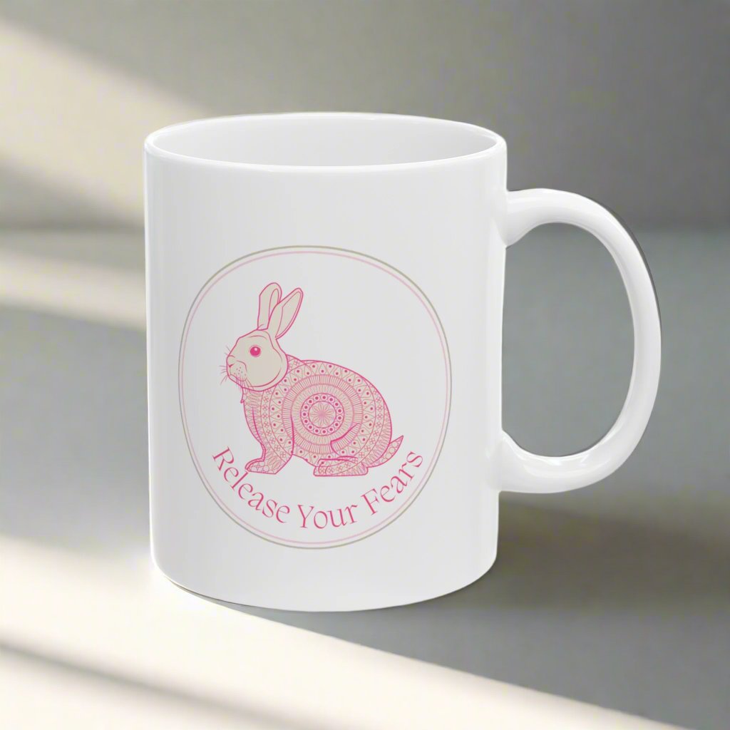 Embrace tranquility with this enchanting 11-ounce ceramic mug. The intricate mandala pattern wraps around the mug, and a serene rabbit image graces both sides. Crafted from premium quality white ceramic, it’s microwave and dishwasher-safe. Whether you’re sipping coffee, tea, or hot cocoa, let this mug remind you to release your fears and find peace in each sip.