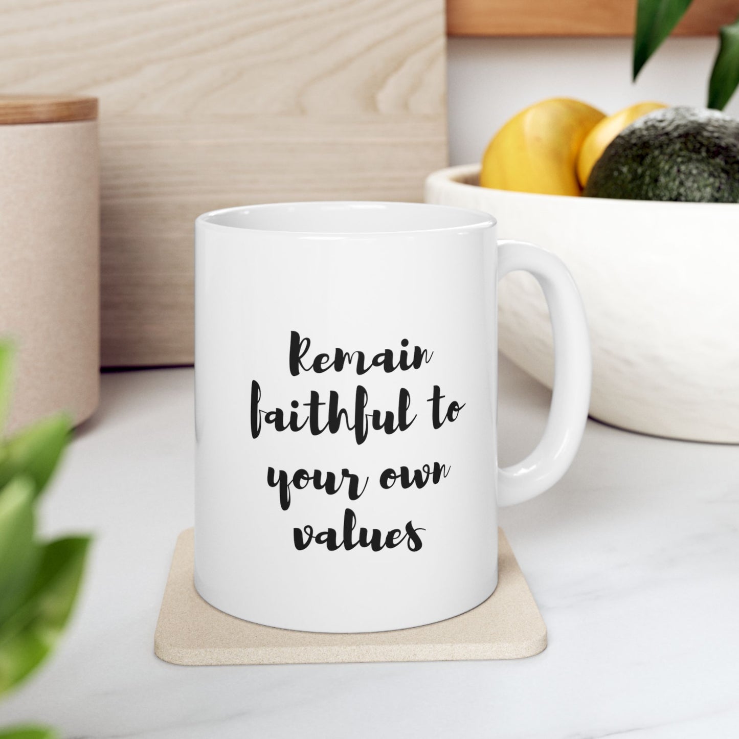 Celebrate your individuality with the “Remain Faithful to Your Own Values” Ceramic Mug. This 11 oz mug is a tribute to personal authenticity, adorned with a powerful message that encourages you to stay true to what you believe in. This mug is a steadfast companion in your journey of self-assertion. Let it be a symbol of your unwavering commitment to your values with every comforting sip.
