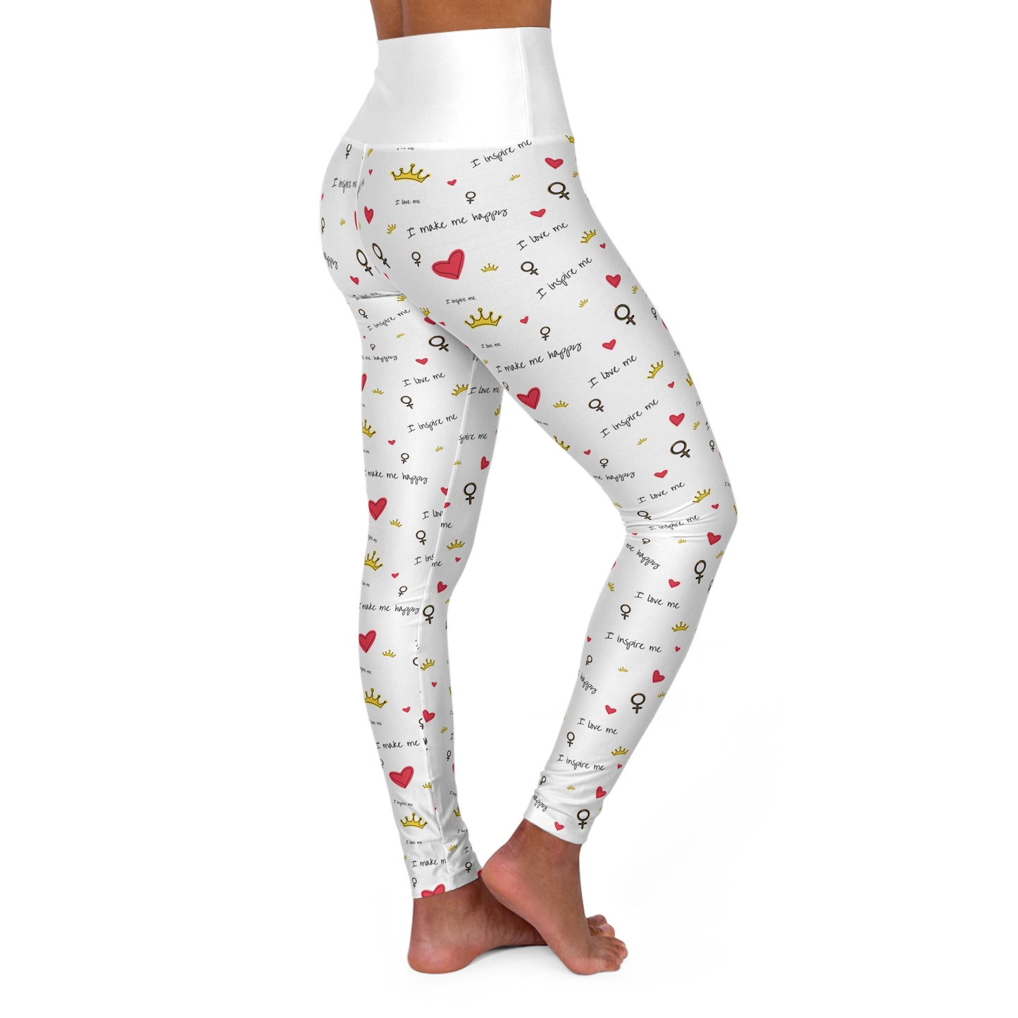 High Waisted Yoga Leggings White I love me patterned