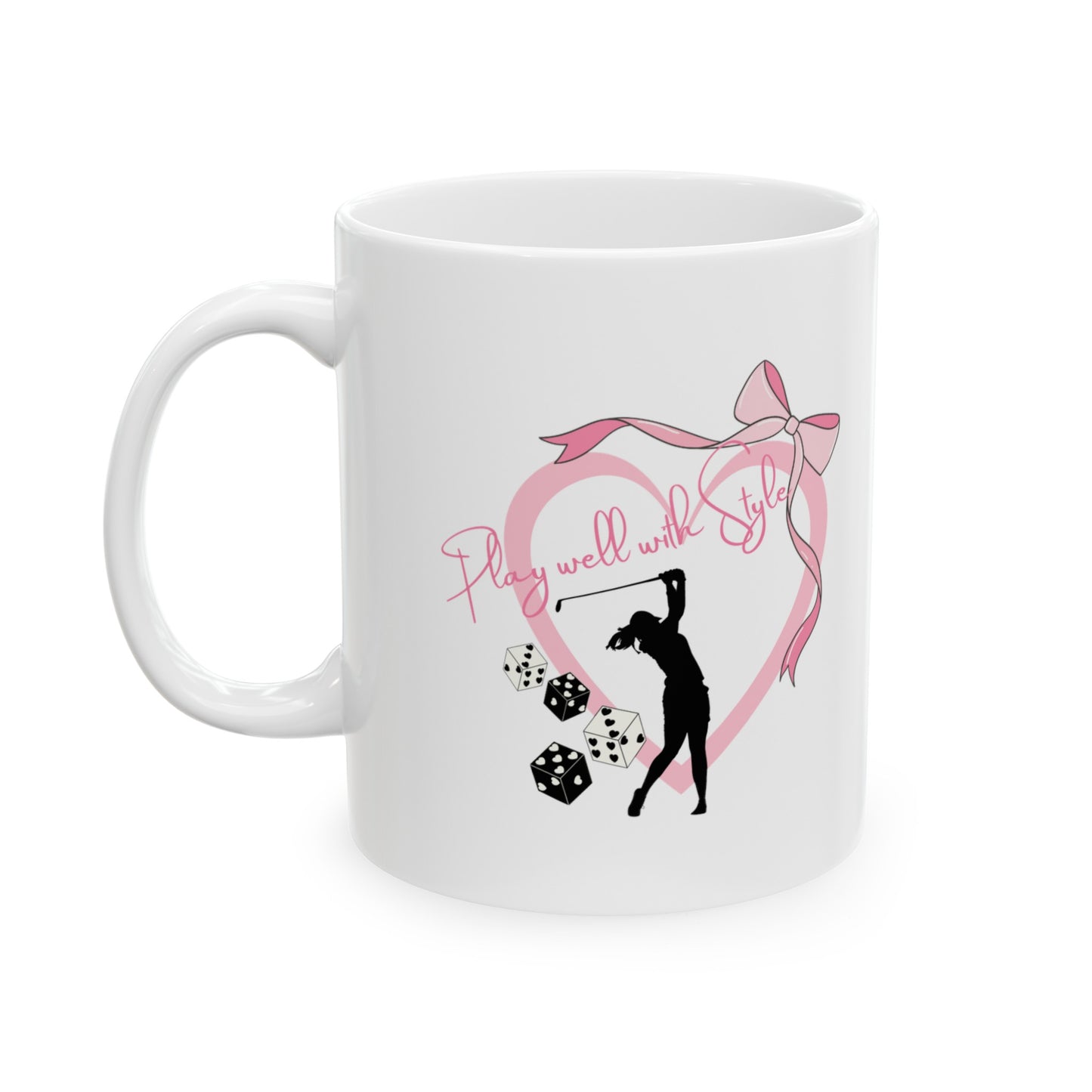 Play well with style, image of golfer, dice, heart and bow.white ceramic mug, 11 oz.