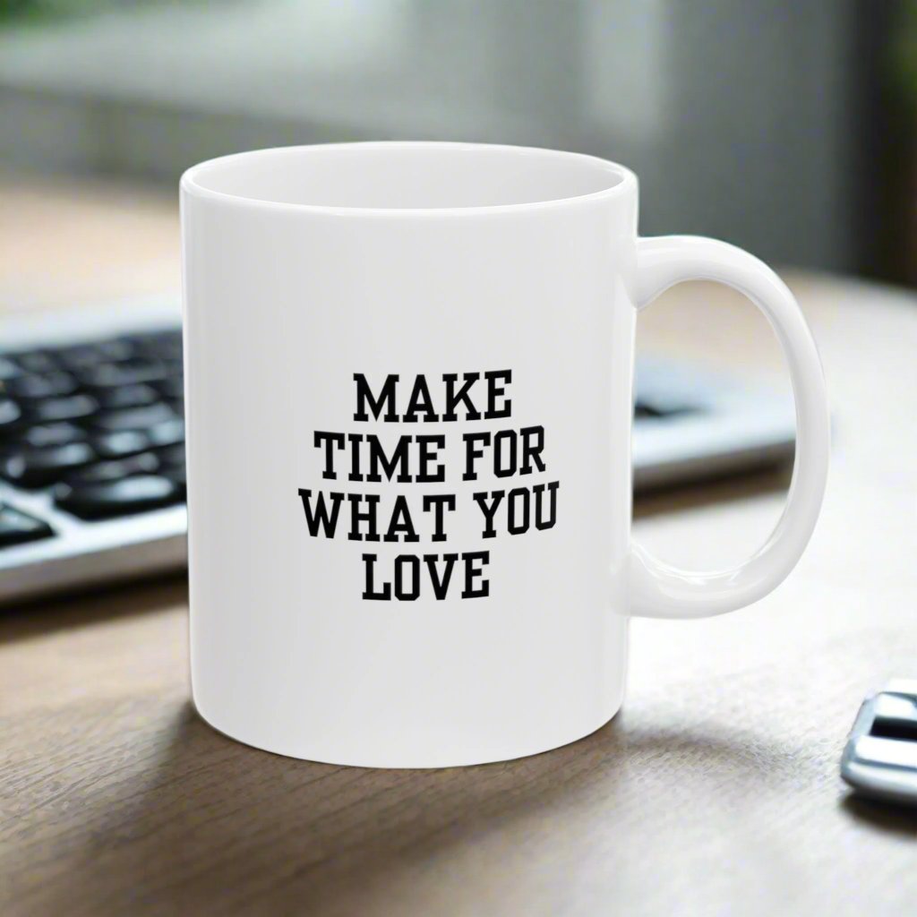 Embrace your passions with the “Make Time for What You Love” Ceramic Mug. This 11 oz mug is a charming reminder to prioritize the things that bring you joy.