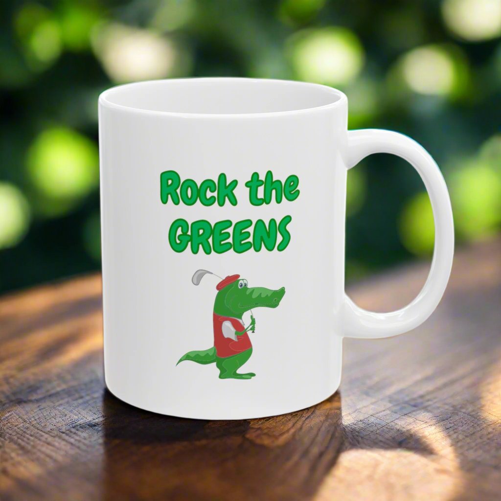 Rock The Greens Golf Themed White Ceramic Mug, 11oz with the Image of Crocodile