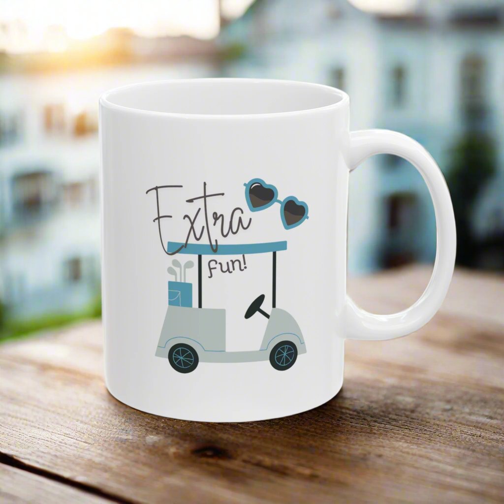 Extra Fun Golf themed White Ceramic Mug, 11oz with Light Blue Golf Cart.
