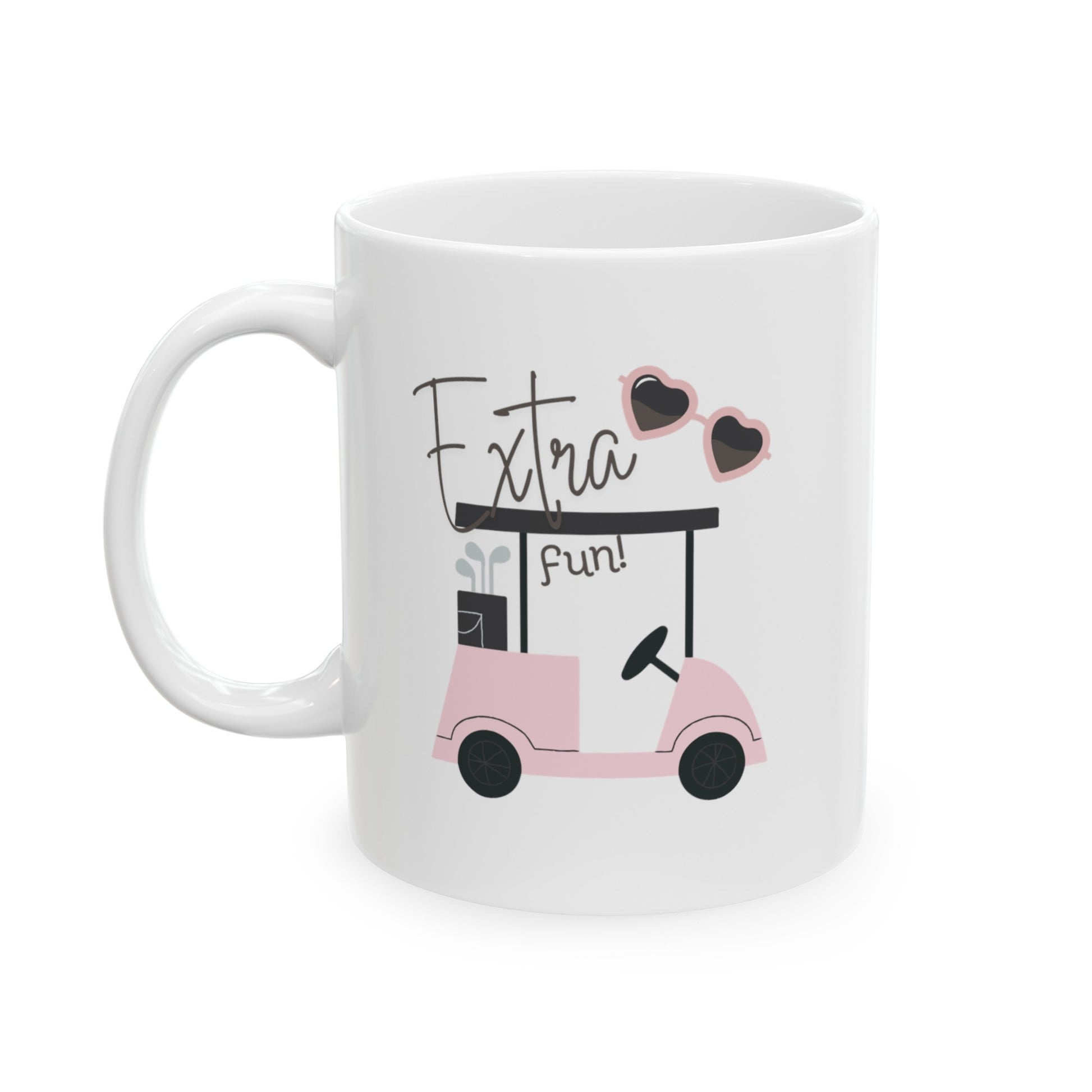 Golf themed White Ceramic Mug, 11 oz with The Image of Pink Golf Cart