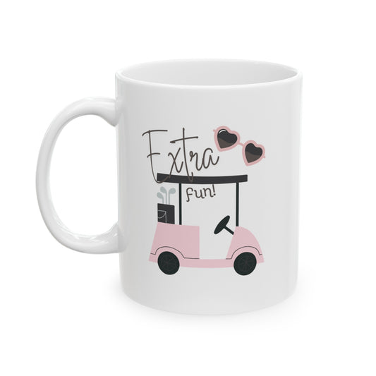 Golf themed White Ceramic Mug, 11 oz with The Image of Pink Golf Cart