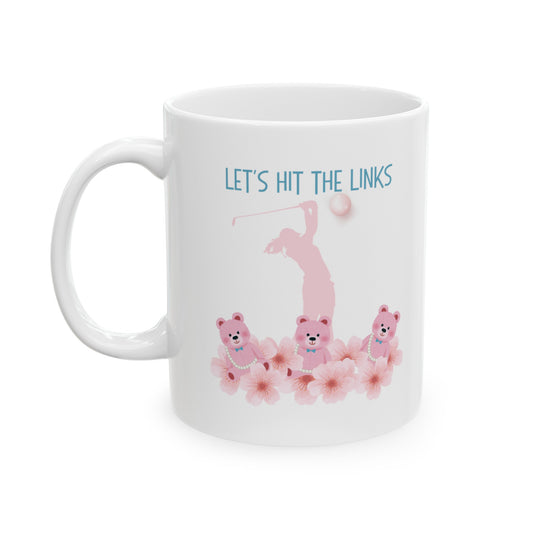 Tee off your day with this charming 11-ounce ceramic coffee mug. The playful design showcases adorable teddy bears surrounded by blooming flowers. 