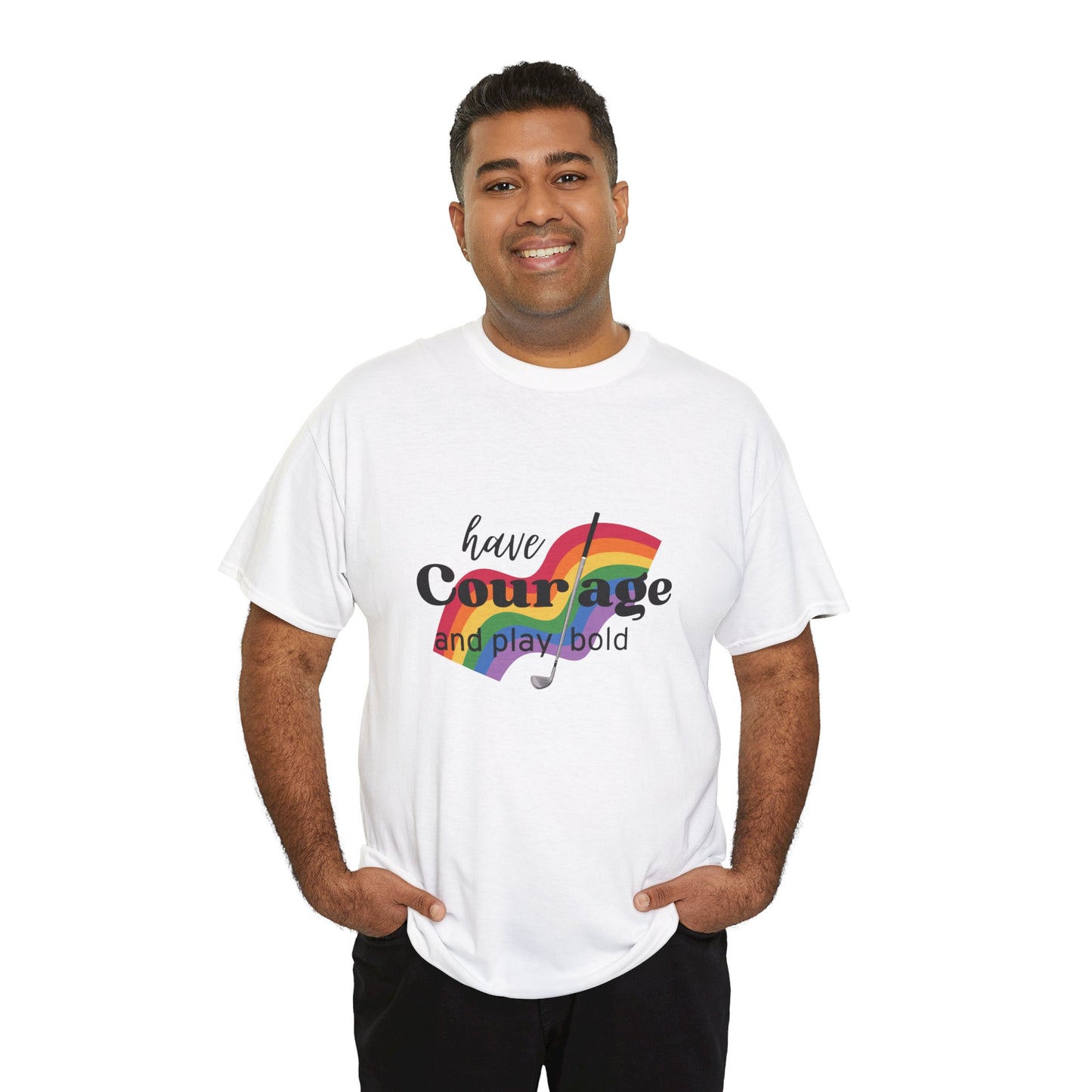White tshirt with text have courage and play bold and image of rainbow and golf club.