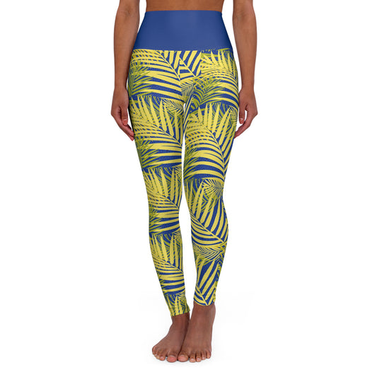 High Waisted Yoga Leggings Blue Leaf patterned