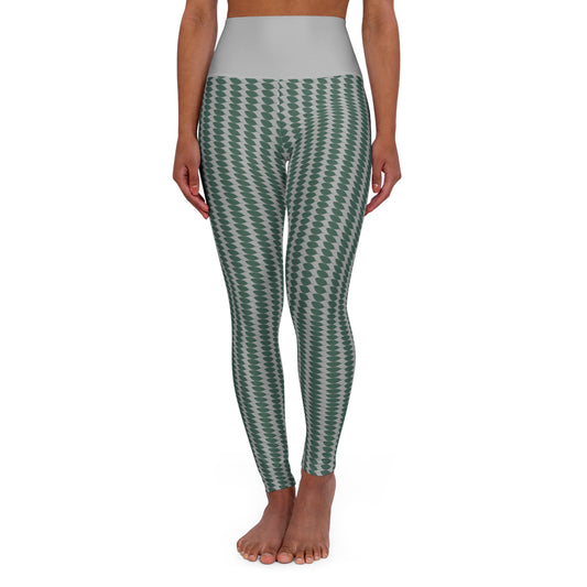 High Waisted Yoga Leggings Light Grey - Green Leaf Patterned