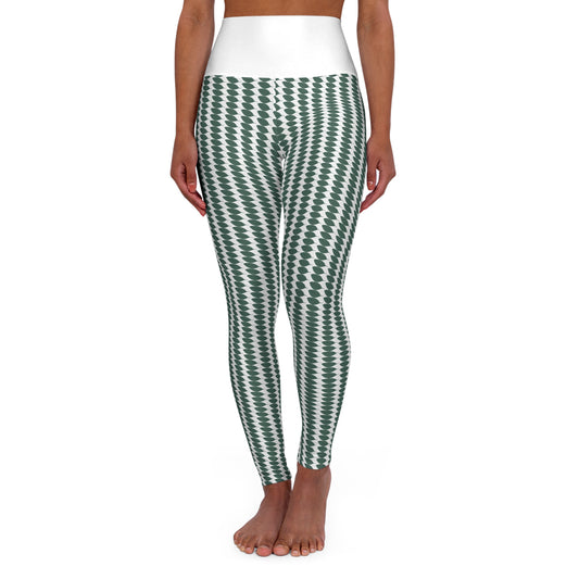 High Waisted Yoga Leggings White - Green Leaf Patterned