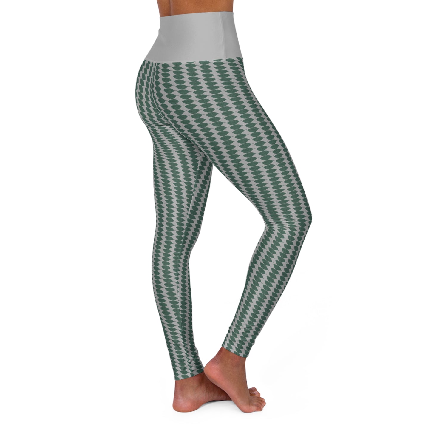 High Waisted Yoga Leggings Light Grey - Green Leaf Patterned