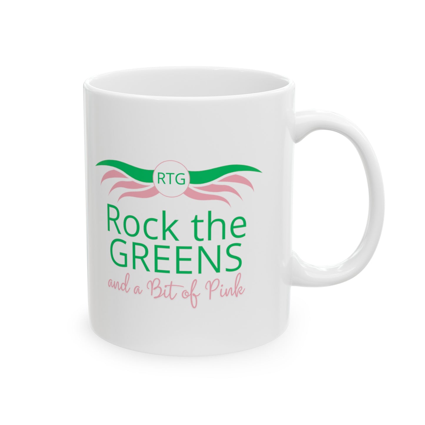 Rock the GREENS and a Bit of Pink Ceramic Mug, 11 oz