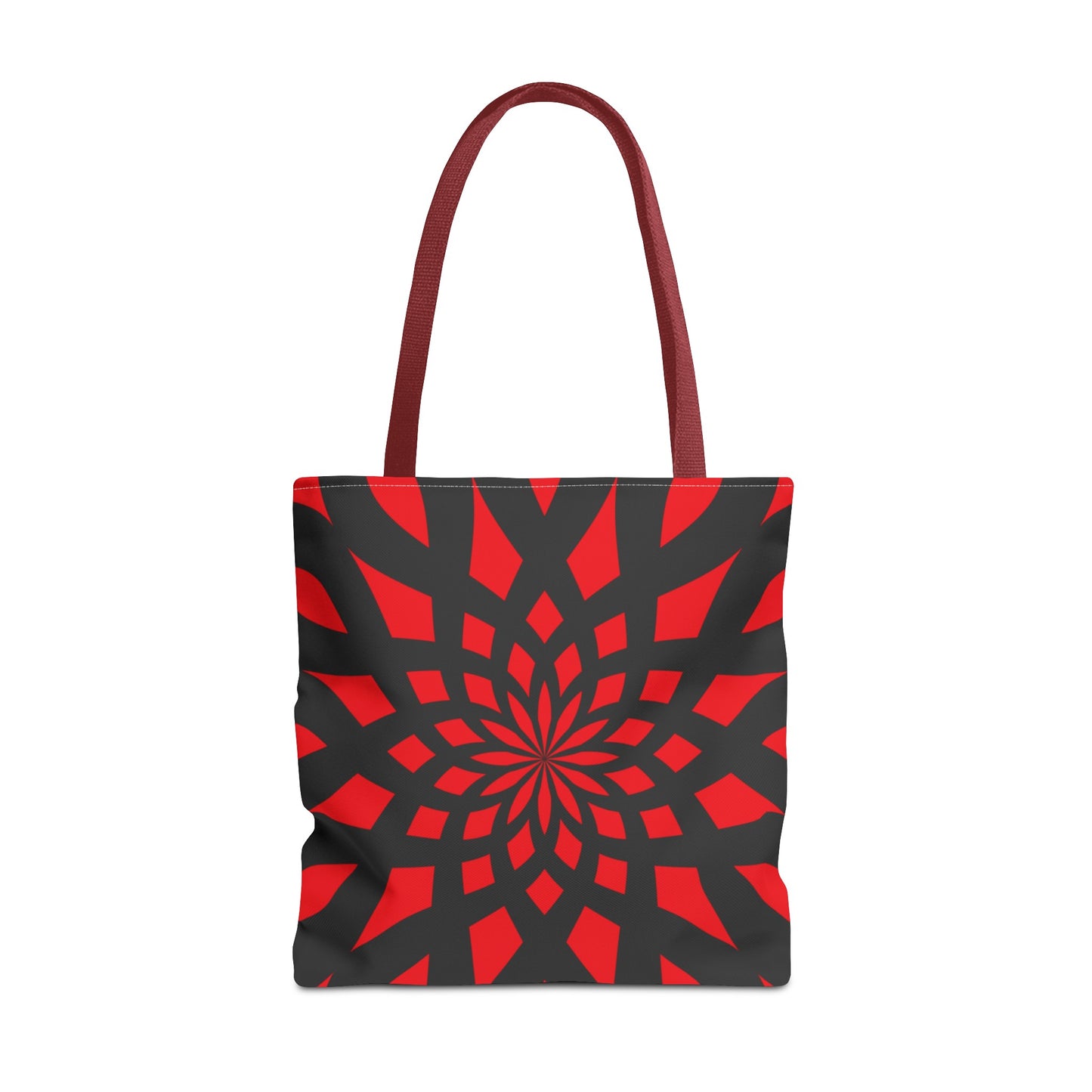 Red tote bag with red handles. Black pattern of mandala like.  Made with 100% polyester. It is highly durable and perfect for everyday use. A bag is non-woven laminate inside, cotton handle, and are available in 3 sizes, 1x large storage compartment.