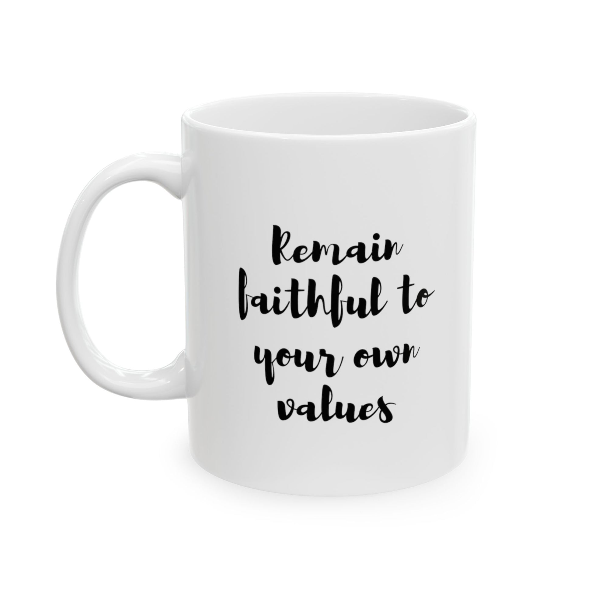 Celebrate your individuality with the “Remain Faithful to Your Own Values” Ceramic Mug. This 11 oz mug is a tribute to personal authenticity, adorned with a powerful message that encourages you to stay true to what you believe in. This mug is a steadfast companion in your journey of self-assertion. Let it be a symbol of your unwavering commitment to your values with every comforting sip. 