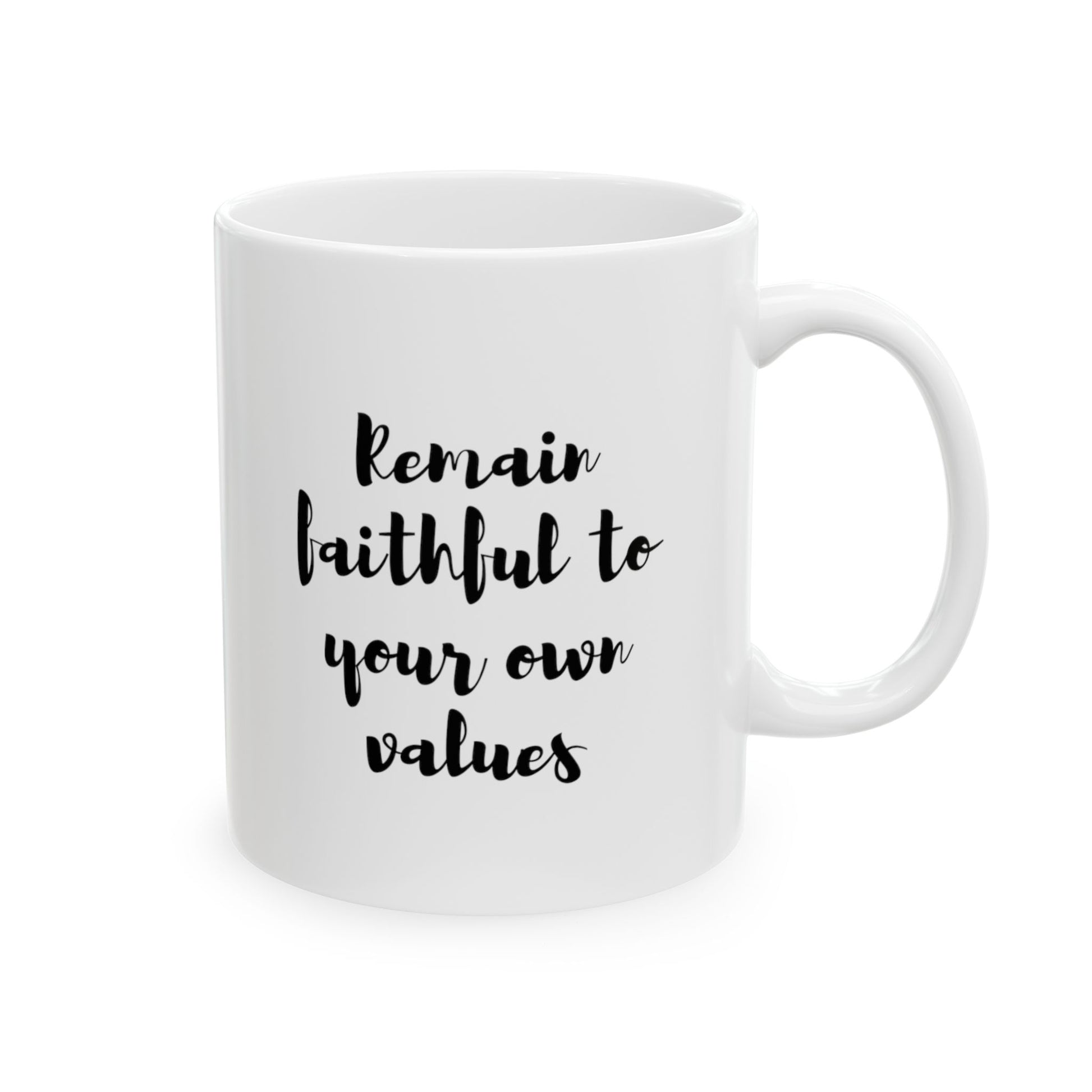 Celebrate your individuality with the “Remain Faithful to Your Own Values” Ceramic Mug. This 11 oz mug is a tribute to personal authenticity, adorned with a powerful message that encourages you to stay true to what you believe in. This mug is a steadfast companion in your journey of self-assertion. Let it be a symbol of your unwavering commitment to your values with every comforting sip. 