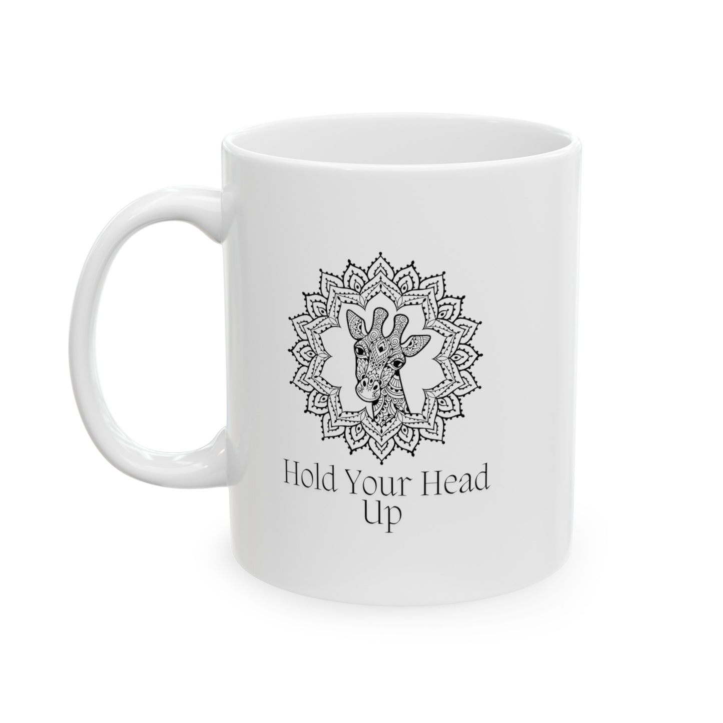 Embrace the grace of the savannah with this charming 11-ounce ceramic mug. The majestic giraffe, adorned with mandala patterns, gazes out from both sides of the mug.
