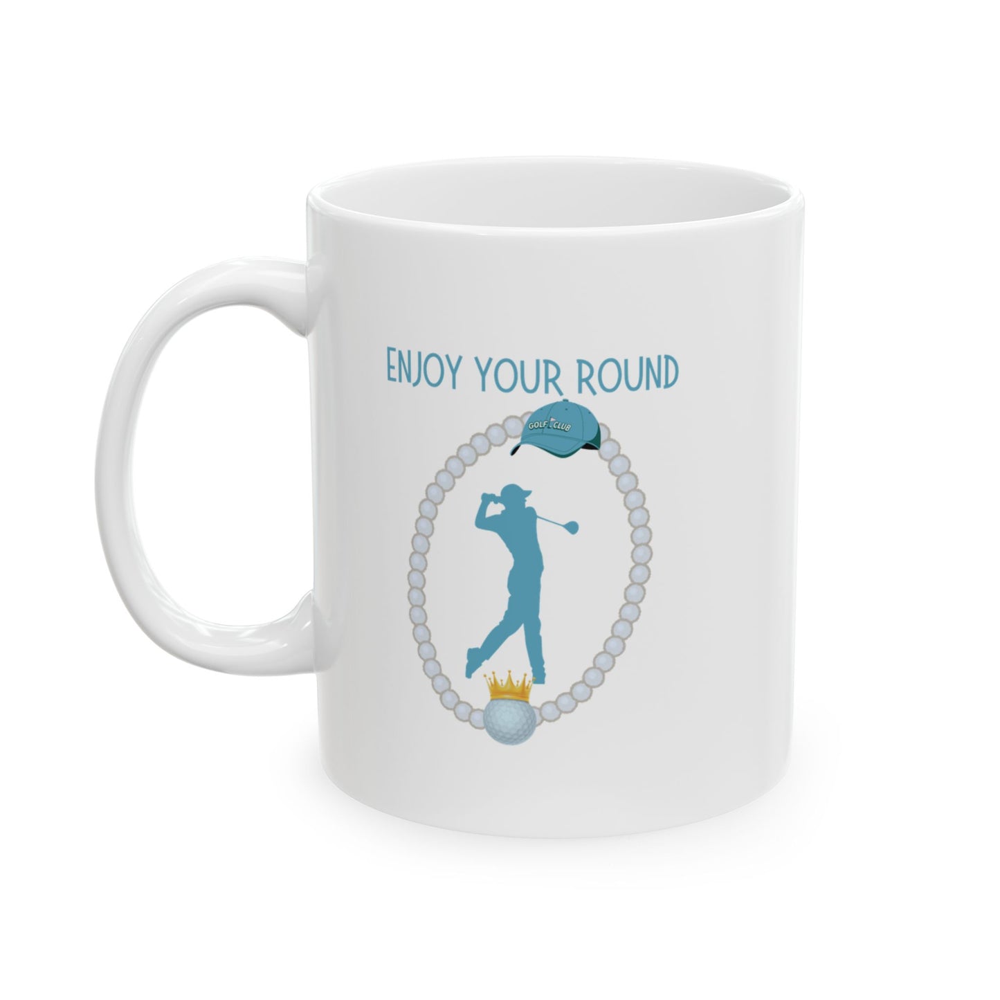 Tuorquoise blue text Enjoy your round. Image of golfer, golf ball with crown, pearls surrounding the golfer