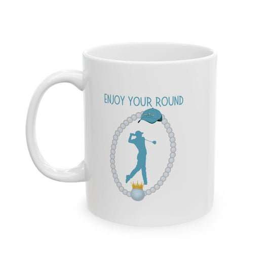 Tuorquoise blue text Enjoy your round. Image of golfer, golf ball with crown, pearls surrounding the golfer